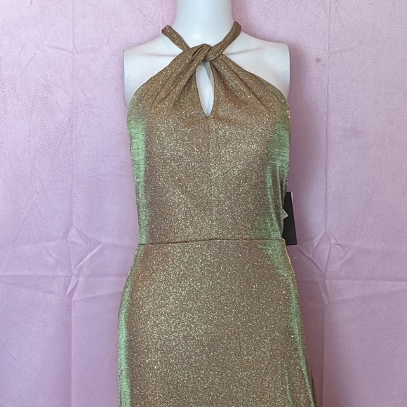 City Studio Rose Gold Metallic Sparkly Halter Cut Out Neckline Formal Prom Dress - Picture 2 of 9